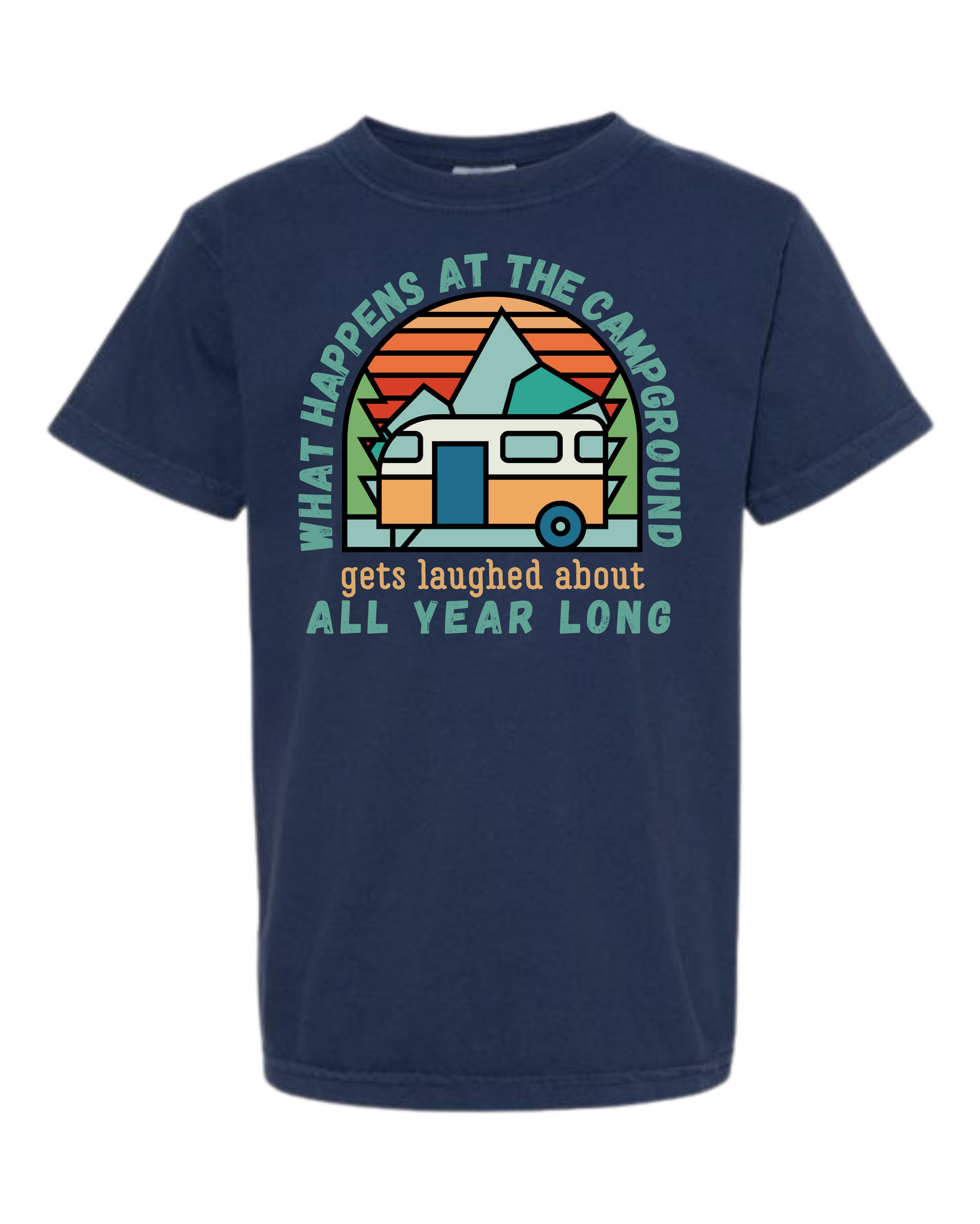 What Happens At The Campground - Comfort Colors - Heavyweight Youth Tee - Neutral Colors & Blues