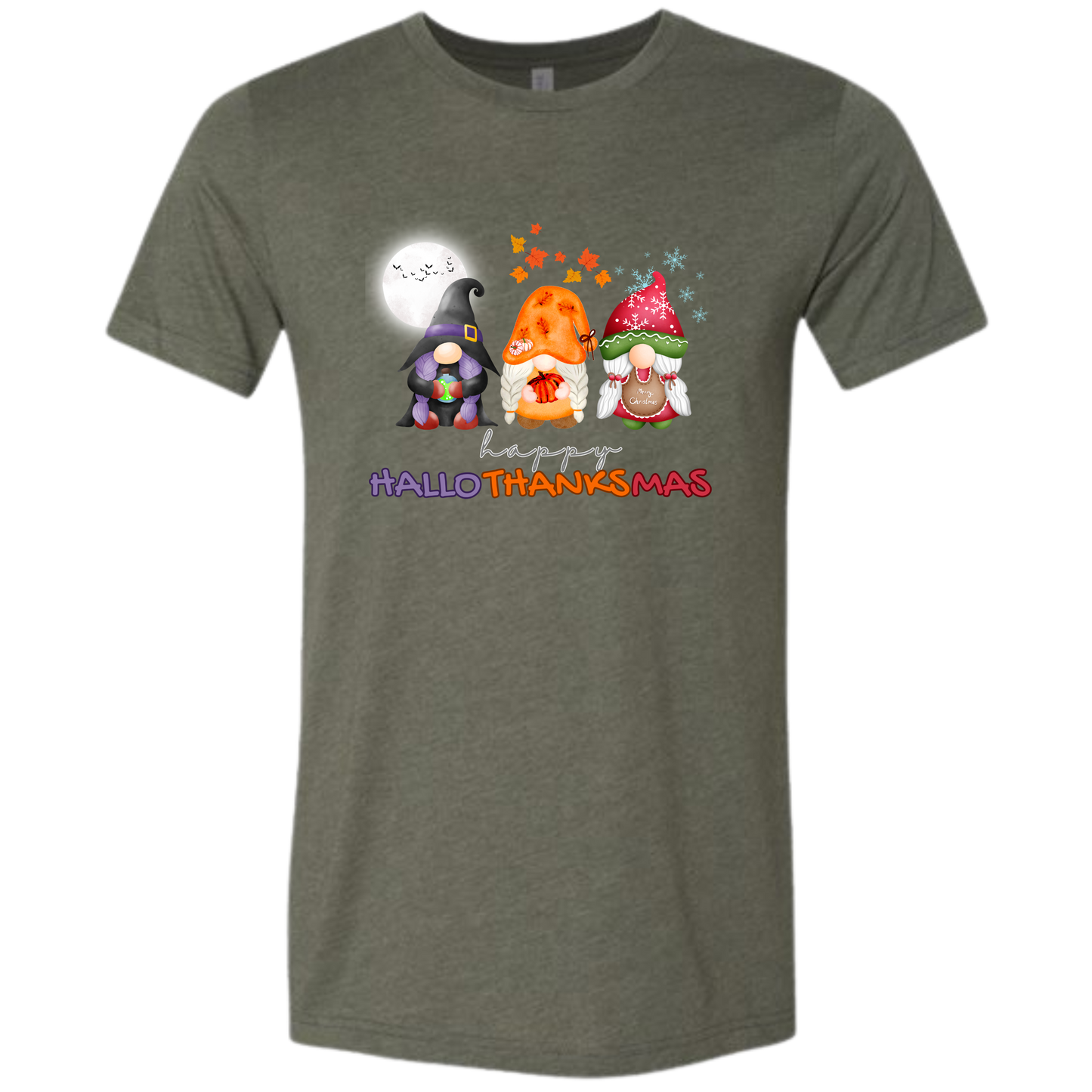 Happy HalloThanksMas Gnomes - Unisex Tee - Browns and Greens