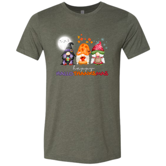 Happy HalloThanksMas Gnomes - Unisex Tee - Browns and Greens