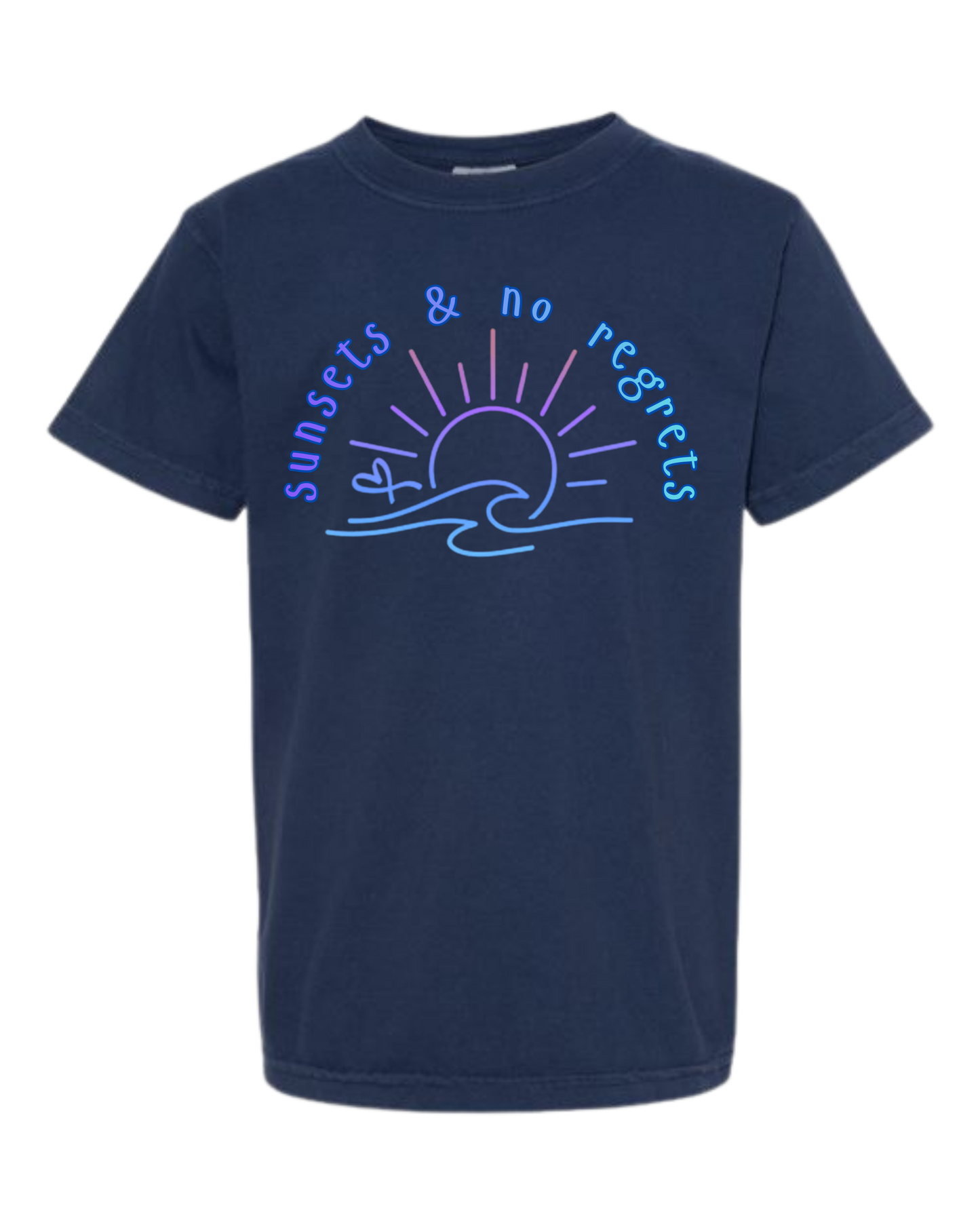 Sunsets & No Regrets - Comfort Colors - Heavyweight Youth Tee - Neutral Colors & Blues