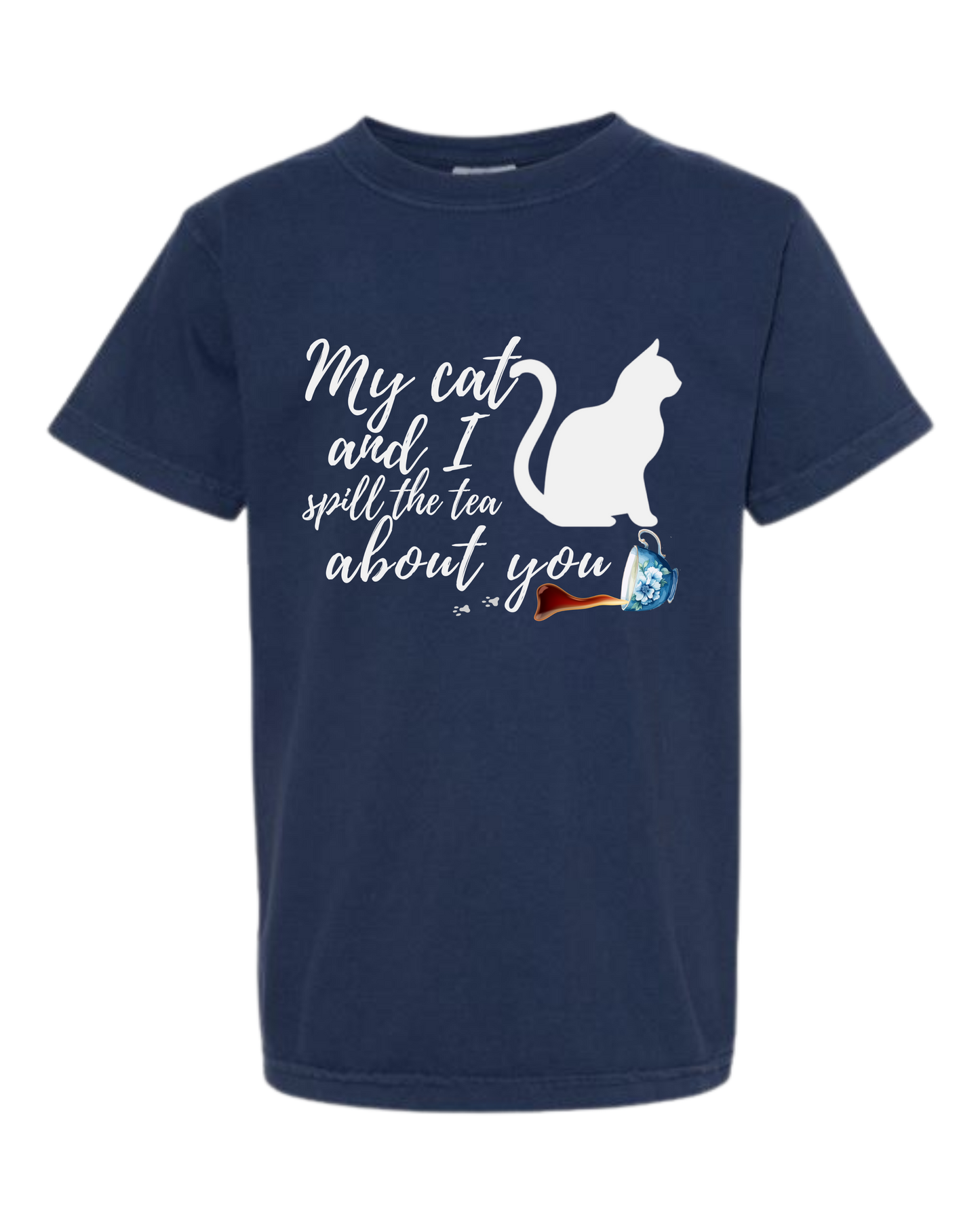 My Cat and I spill the tea about you - Comfort Colors - Heavyweight Youth Tee - Neutral Colors & Blues