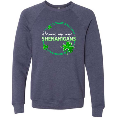 Hormones May Cause Shenanigans - Sponge Fleece Raglan Sweatshirt - Blues, Greens, Purple, and Black