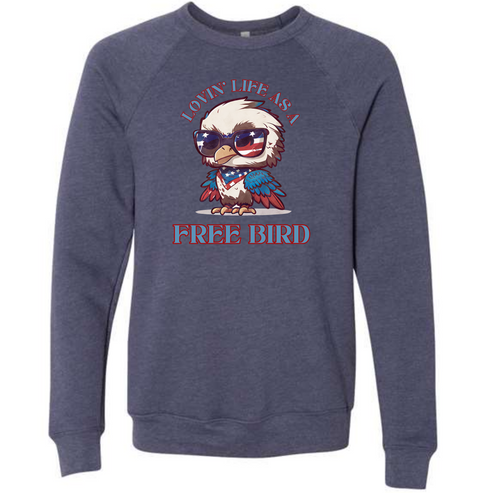 Lovin' Life as a Free Bird - Sponge Fleece Raglan Sweatshirt - Blues, Greens, Purple, and Black