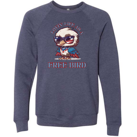 Lovin' Life as a Free Bird - Sponge Fleece Raglan Sweatshirt - Blues, Greens, Purple, and Black