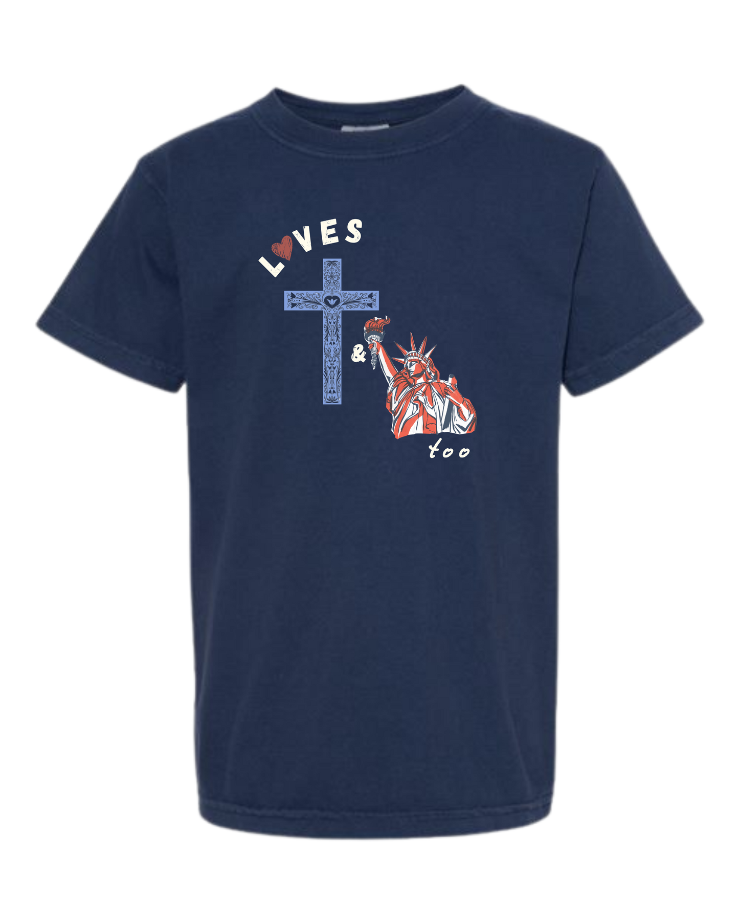 Loves Jesus & America too - Comfort Colors - Heavyweight Youth Tee - Neutral Colors & Blues