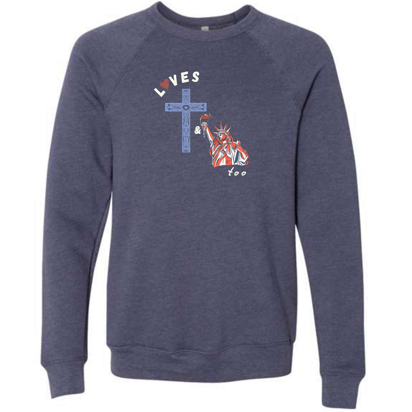 Loves Jesus & America too - Sponge Fleece Raglan Sweatshirt - Blues, Greens, Purple, and Black