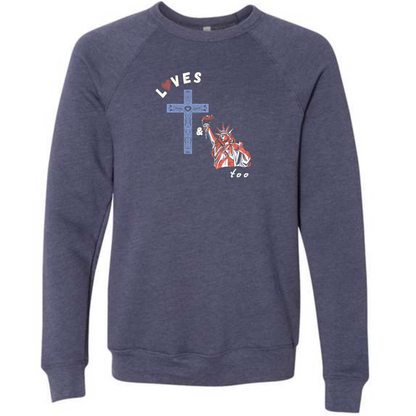 Loves Jesus & America too - Sponge Fleece Raglan Sweatshirt - Blues, Greens, Purple, and Black