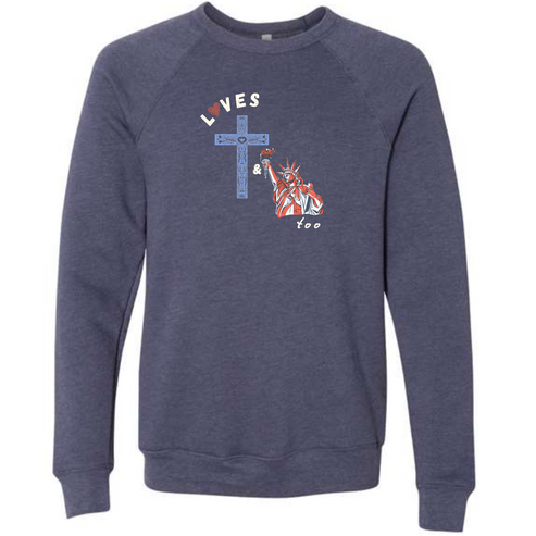 Loves Jesus & America too - Sponge Fleece Raglan Sweatshirt - Blues, Greens, Purple, and Black
