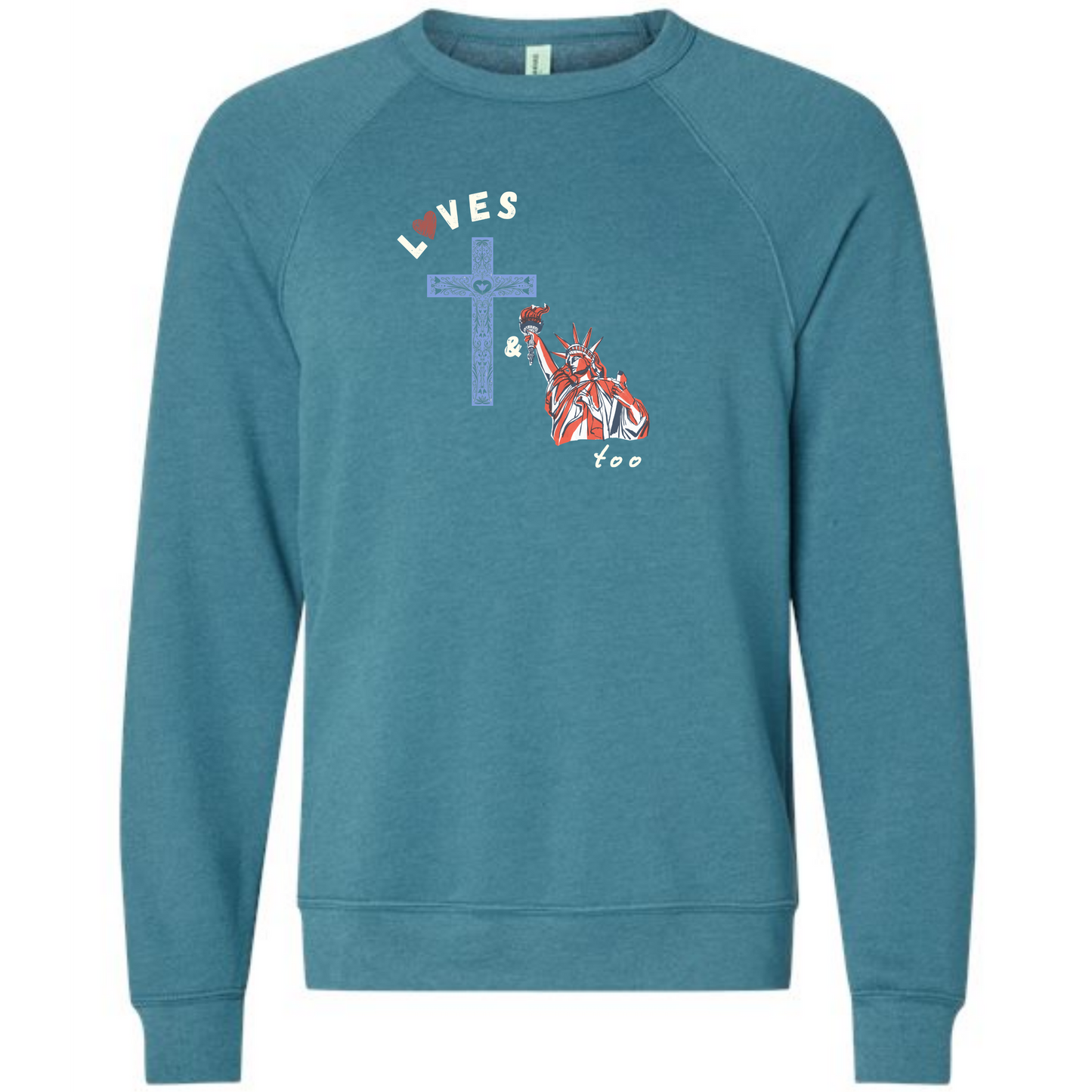Loves Jesus & America too - Sponge Fleece Raglan Sweatshirt - Blues, Greens, Purple, and Black