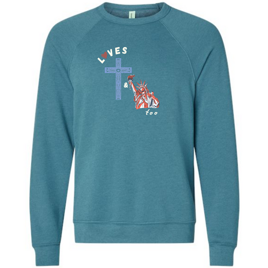 Loves Jesus & America too - Sponge Fleece Raglan Sweatshirt - Blues, Greens, Purple, and Black