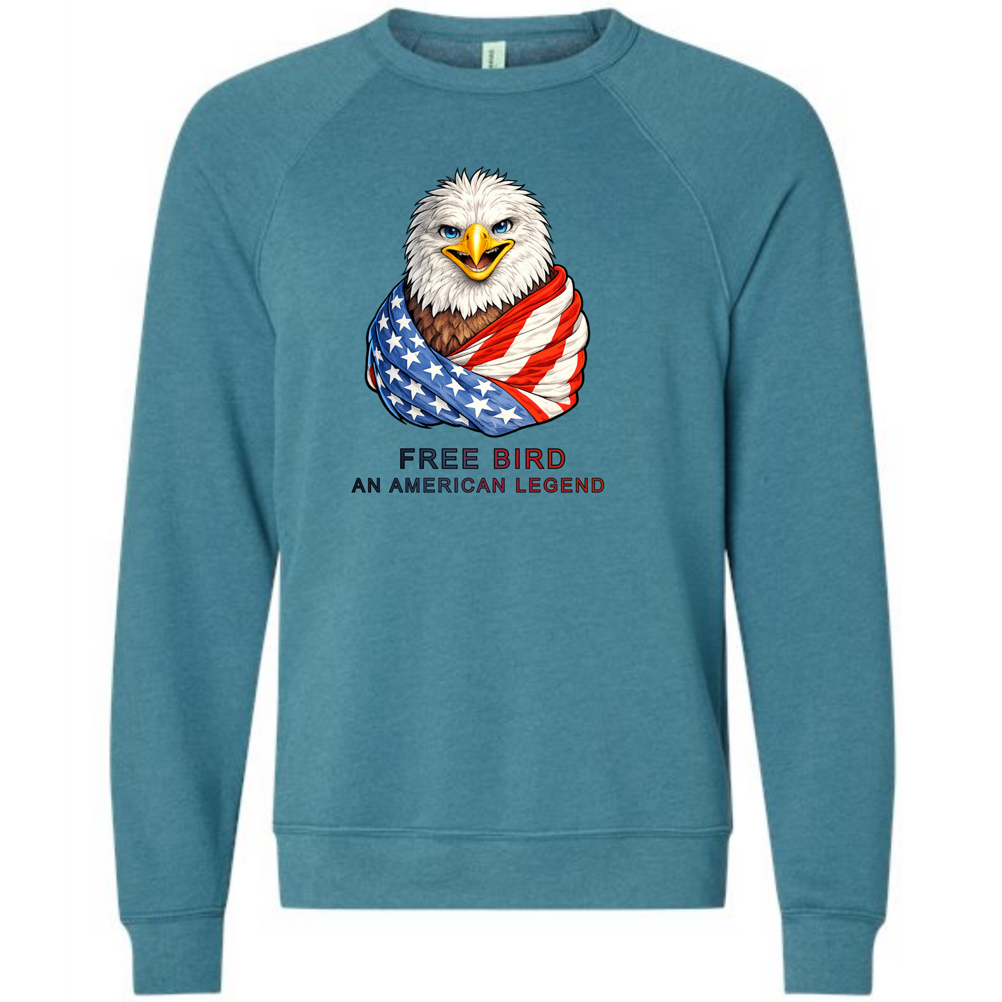 Free Bird An American Legend - Sponge Fleece Raglan Sweatshirt - Blues, Greens, Purple, and Black
