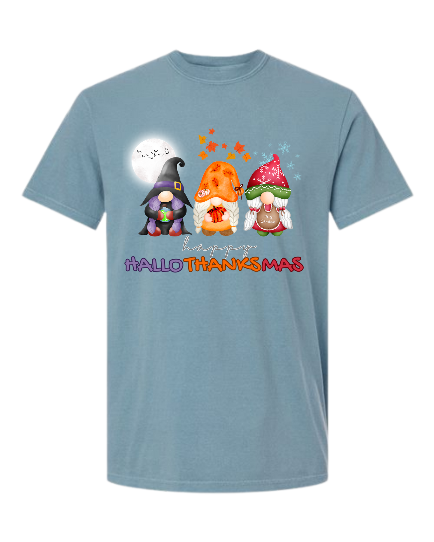 Happy HalloThanksMas Gnomes - Comfort Colors - Heavyweight Unisex Tee - Blues