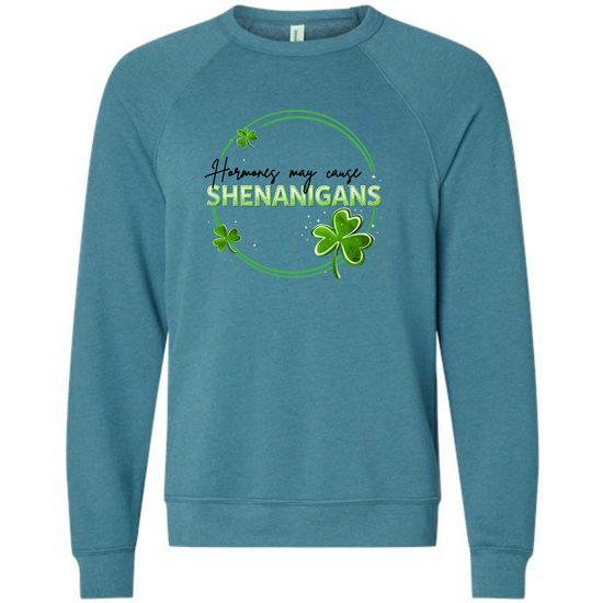 Hormones May Cause Shenanigans - Sponge Fleece Raglan Sweatshirt - Blues, Greens, Purple, and Black