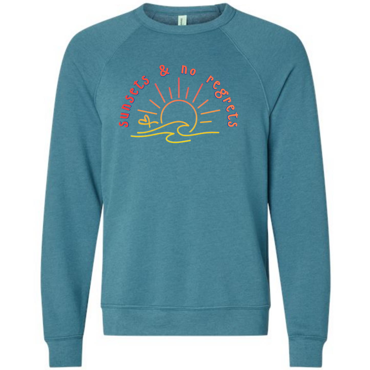 Sunsets & No Regrets - Sponge Fleece Raglan Sweatshirt - Blues, Greens, Purple, and Black
