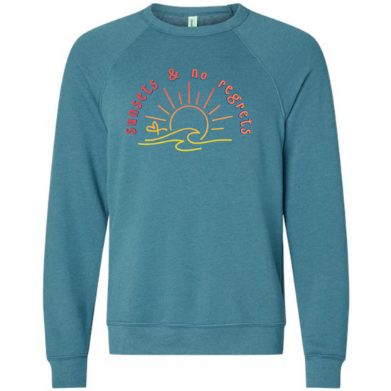 Sunsets & No Regrets - Sponge Fleece Raglan Sweatshirt - Blues, Greens, Purple, and Black