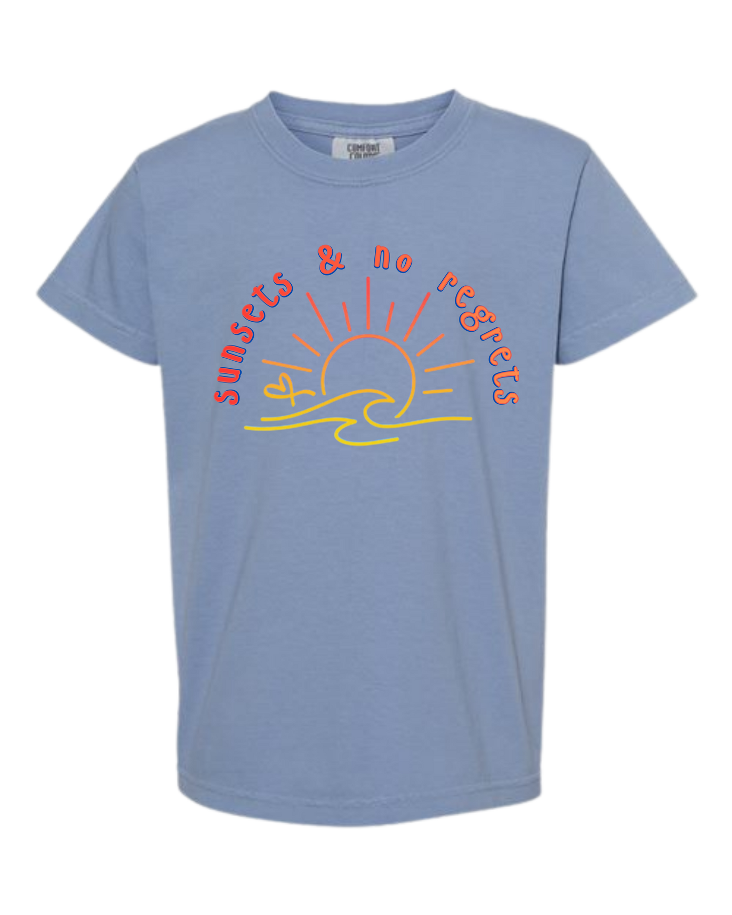 Sunsets & No Regrets - Comfort Colors - Heavyweight Youth Tee - Neutral Colors & Blues