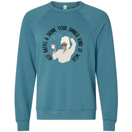 Hot Baths and Drink Your Dinner Kind of Week - Sponge Fleece Raglan Sweatshirt - Blues, Greens, Purple, and Black