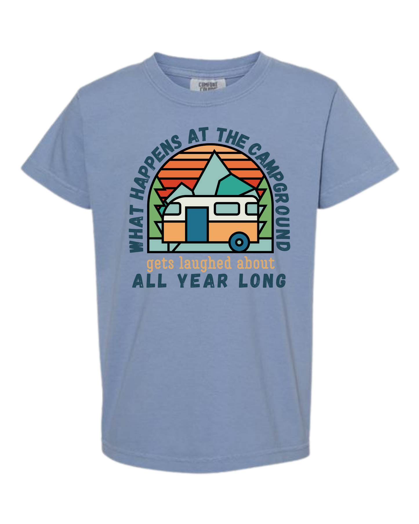 What Happens At The Campground - Comfort Colors - Heavyweight Youth Tee - Neutral Colors & Blues