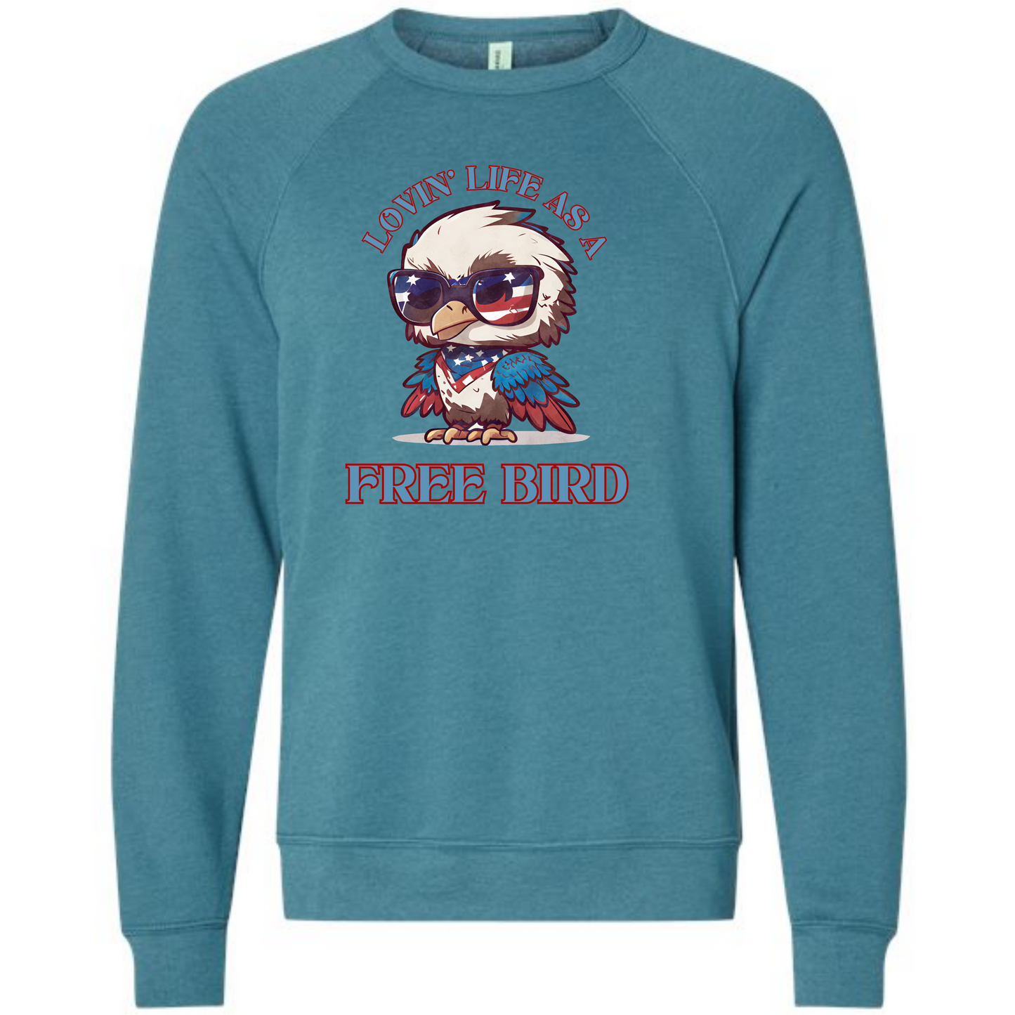Lovin' Life as a Free Bird - Sponge Fleece Raglan Sweatshirt - Blues, Greens, Purple, and Black