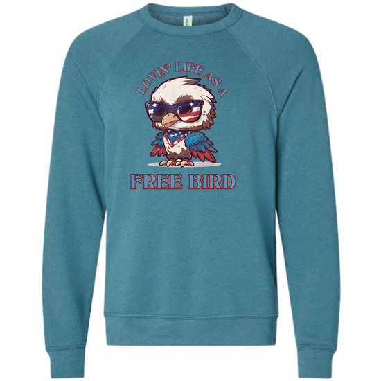 Lovin' Life as a Free Bird - Sponge Fleece Raglan Sweatshirt - Blues, Greens, Purple, and Black