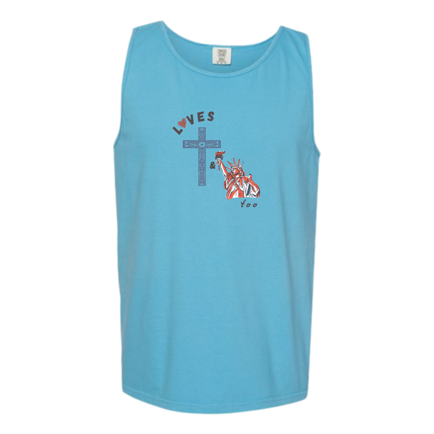 Loves Jesus & America too - Comfort Colors - Unisex Tank - Neutral Colors & Blues