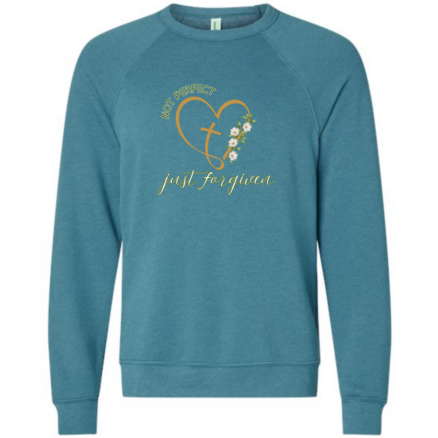 Not Perfect Just Forgiven - Sponge Fleece Raglan Sweatshirt - Blues, Greens, Purple, and Black