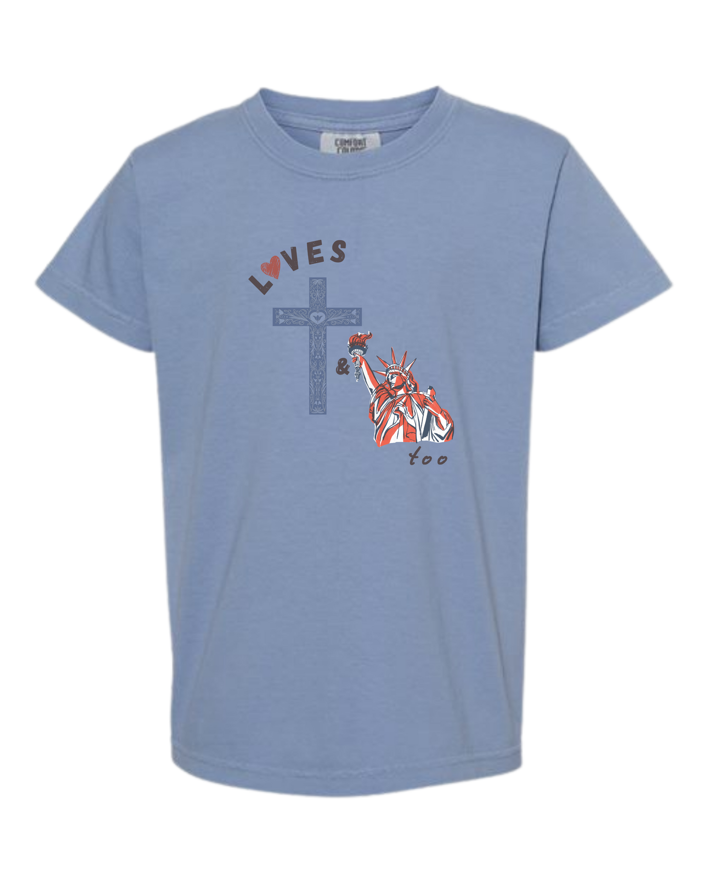 Loves Jesus & America too - Comfort Colors - Heavyweight Youth Tee - Neutral Colors & Blues