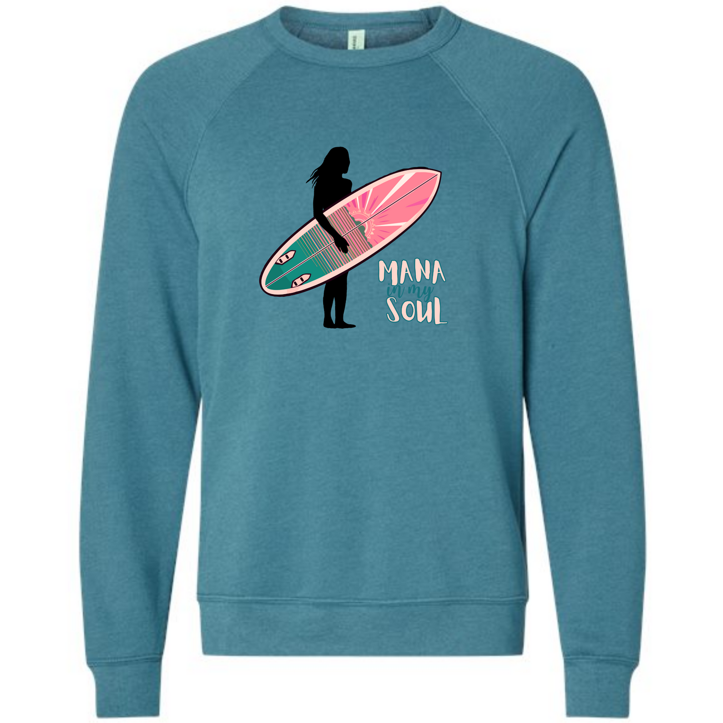 Mana in My Soul - Sponge Fleece Raglan Sweatshirt - Blues, Greens, Purple, and Black