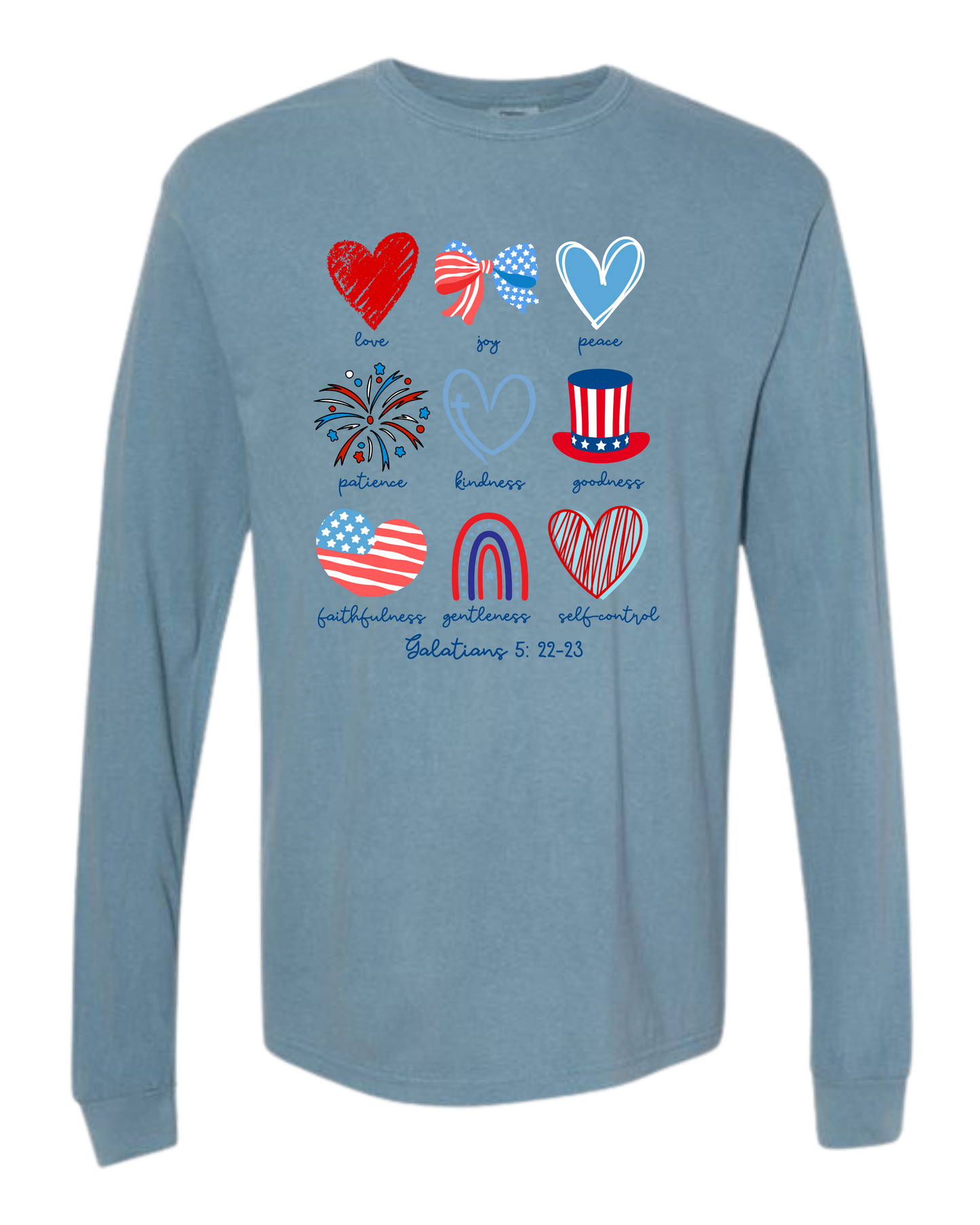 Galatians 5 - Patriotic - Comfort Colors - Heavyweight Long Sleeve Tee - Blues & Greens
