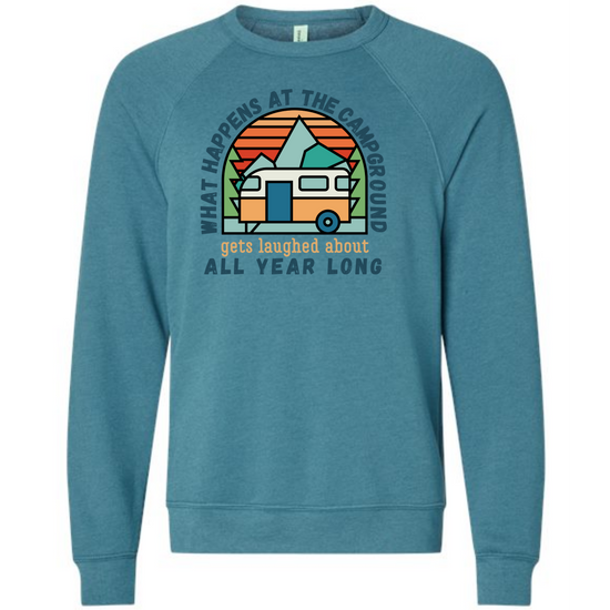 What Happens At The Campground - Sponge Fleece Raglan Sweatshirt - Blues, Greens, Purple, and Black