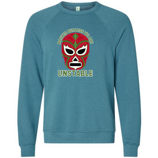Masked Because We Are Unstable - Sponge Fleece Raglan Sweatshirt - Blues, Greens, Purple, and Black