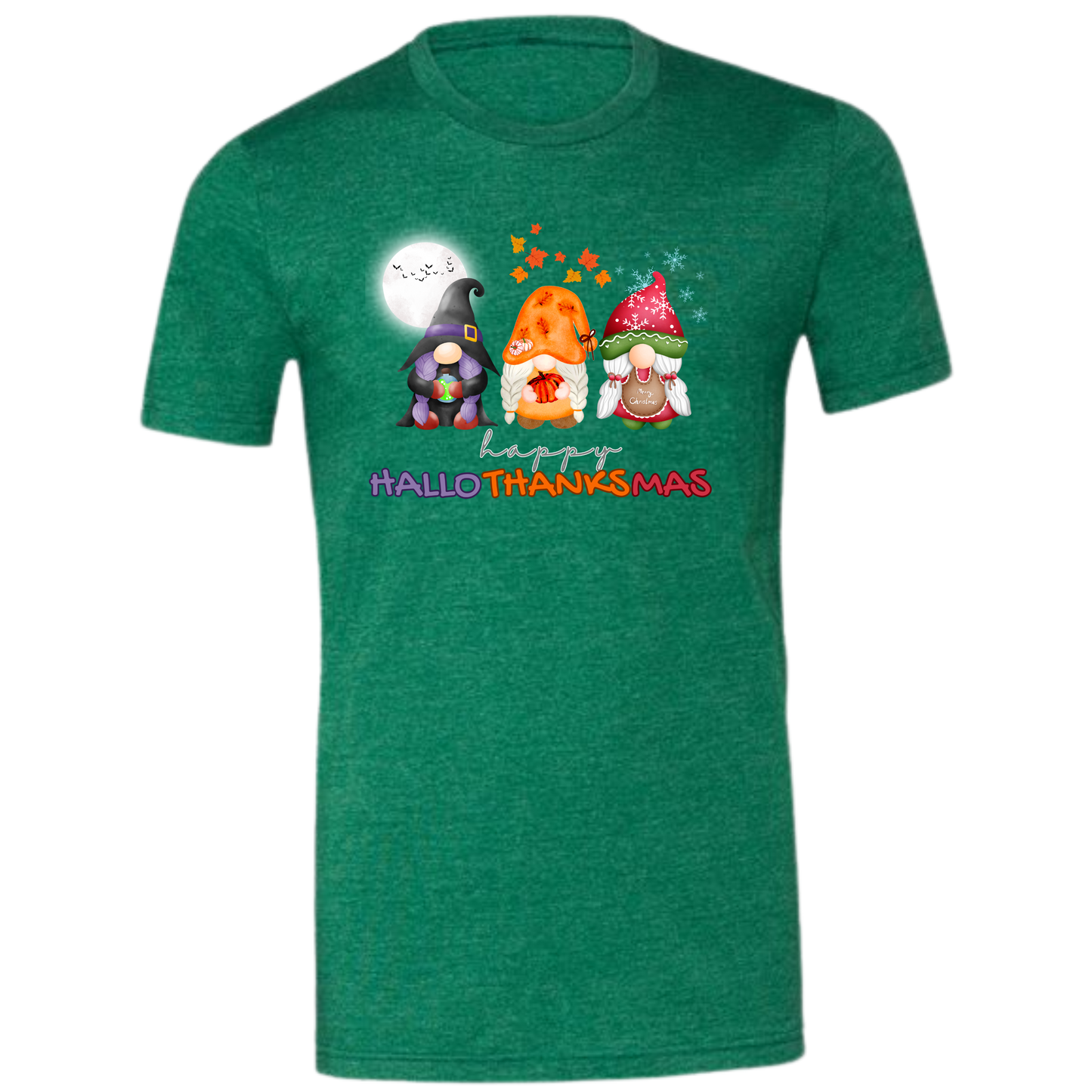 Happy HalloThanksMas Gnomes - Unisex Tee - Browns and Greens