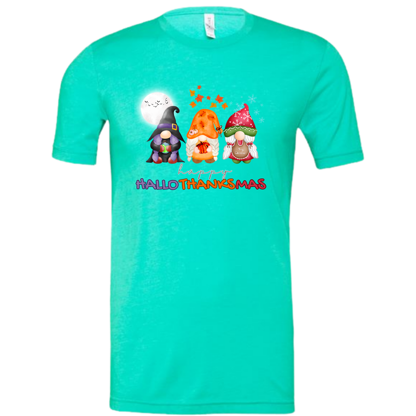 Happy HalloThanksMas Gnomes - Unisex Tee - Browns and Greens