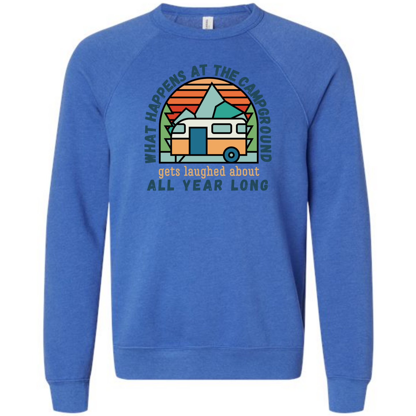 What Happens At The Campground - Sponge Fleece Raglan Sweatshirt - Blues, Greens, Purple, and Black