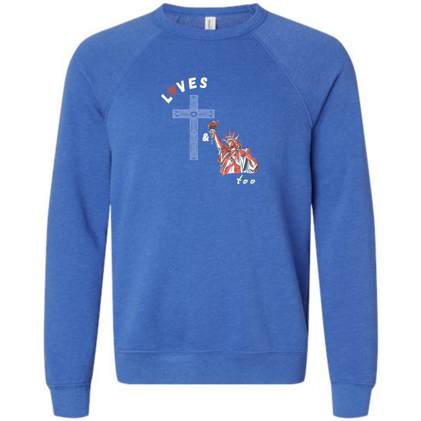 Loves Jesus & America too - Sponge Fleece Raglan Sweatshirt - Blues, Greens, Purple, and Black