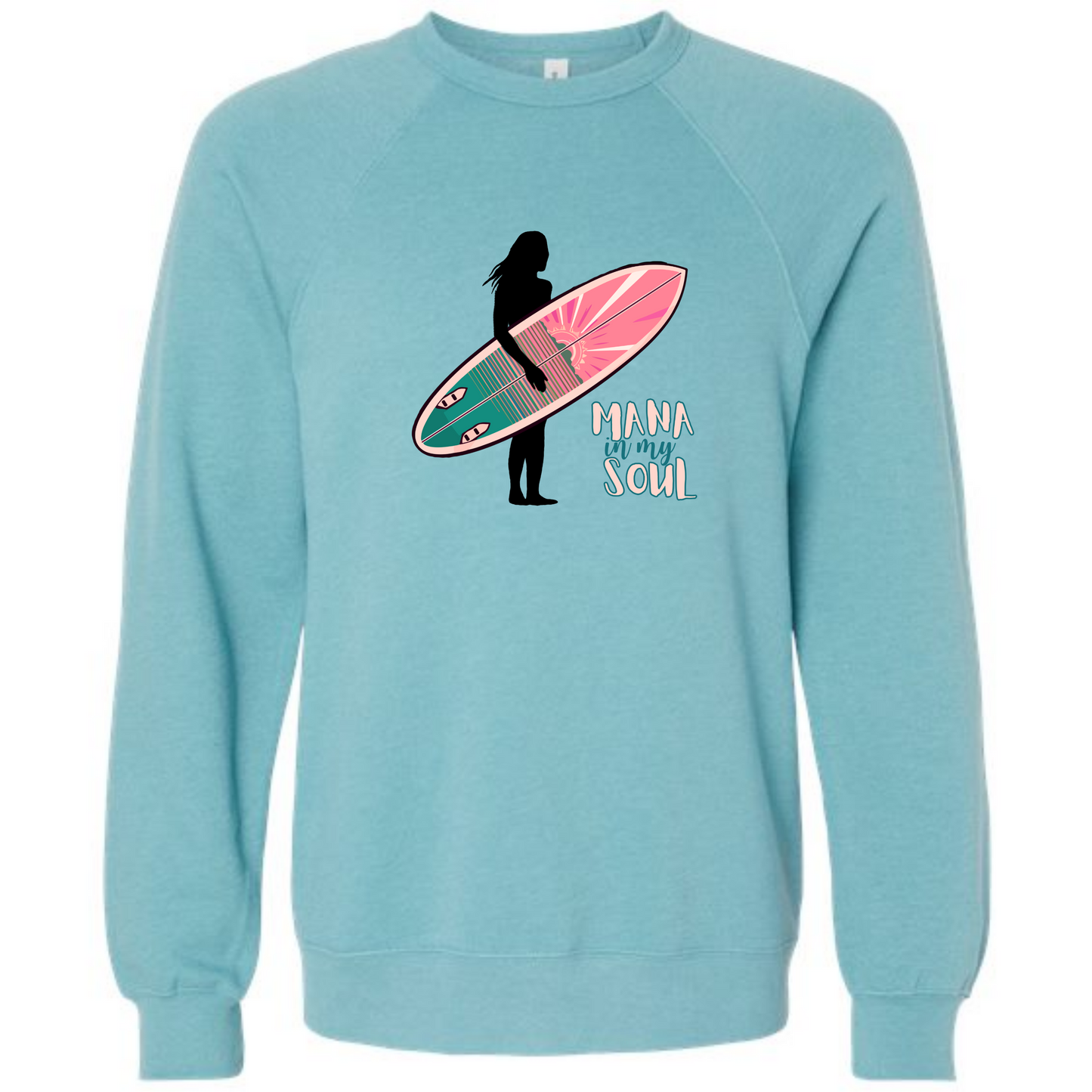 Mana in My Soul - Sponge Fleece Raglan Sweatshirt - Blues, Greens, Purple, and Black