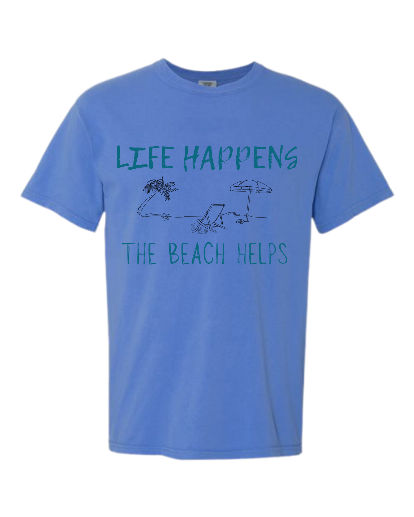 Life Happens The Beach Helps - Comfort Colors - Heavyweight Unisex Tee - Blues