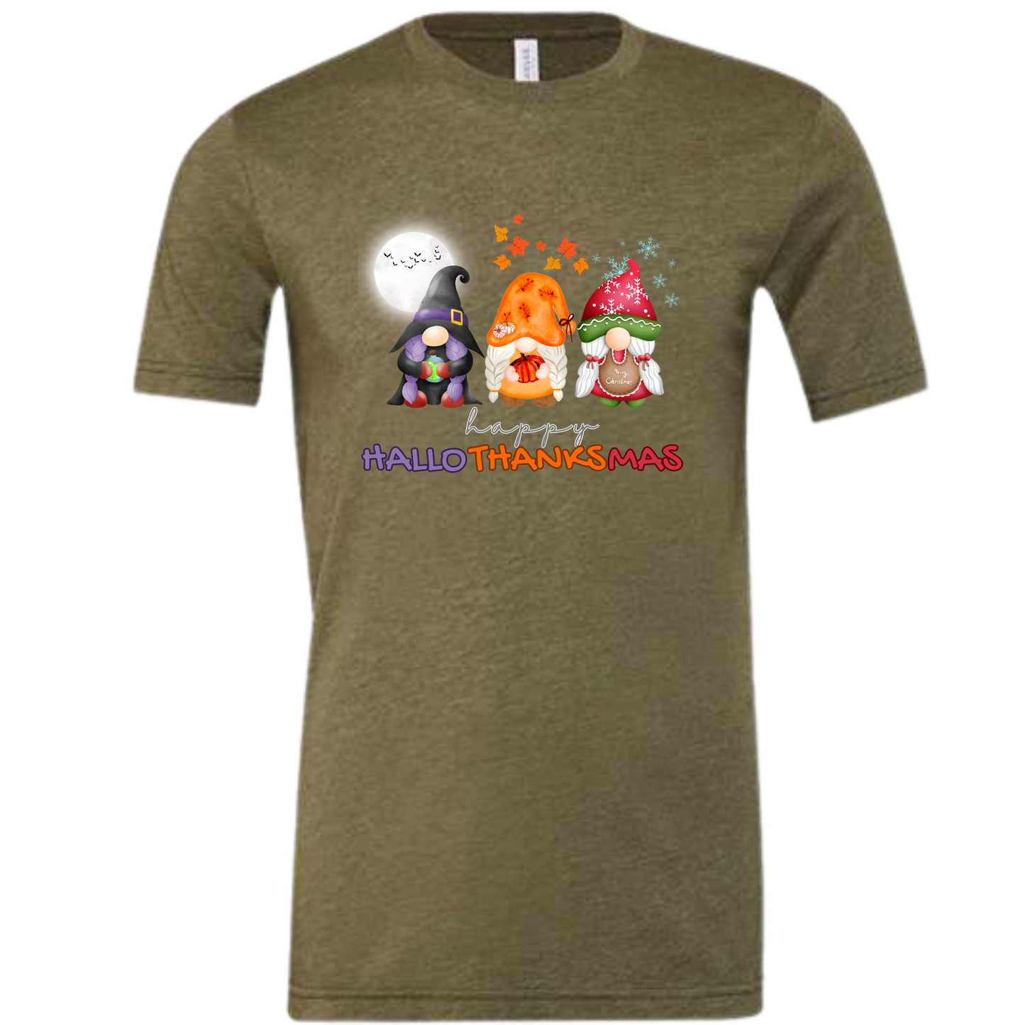 Happy HalloThanksMas Gnomes - Unisex Tee - Browns and Greens