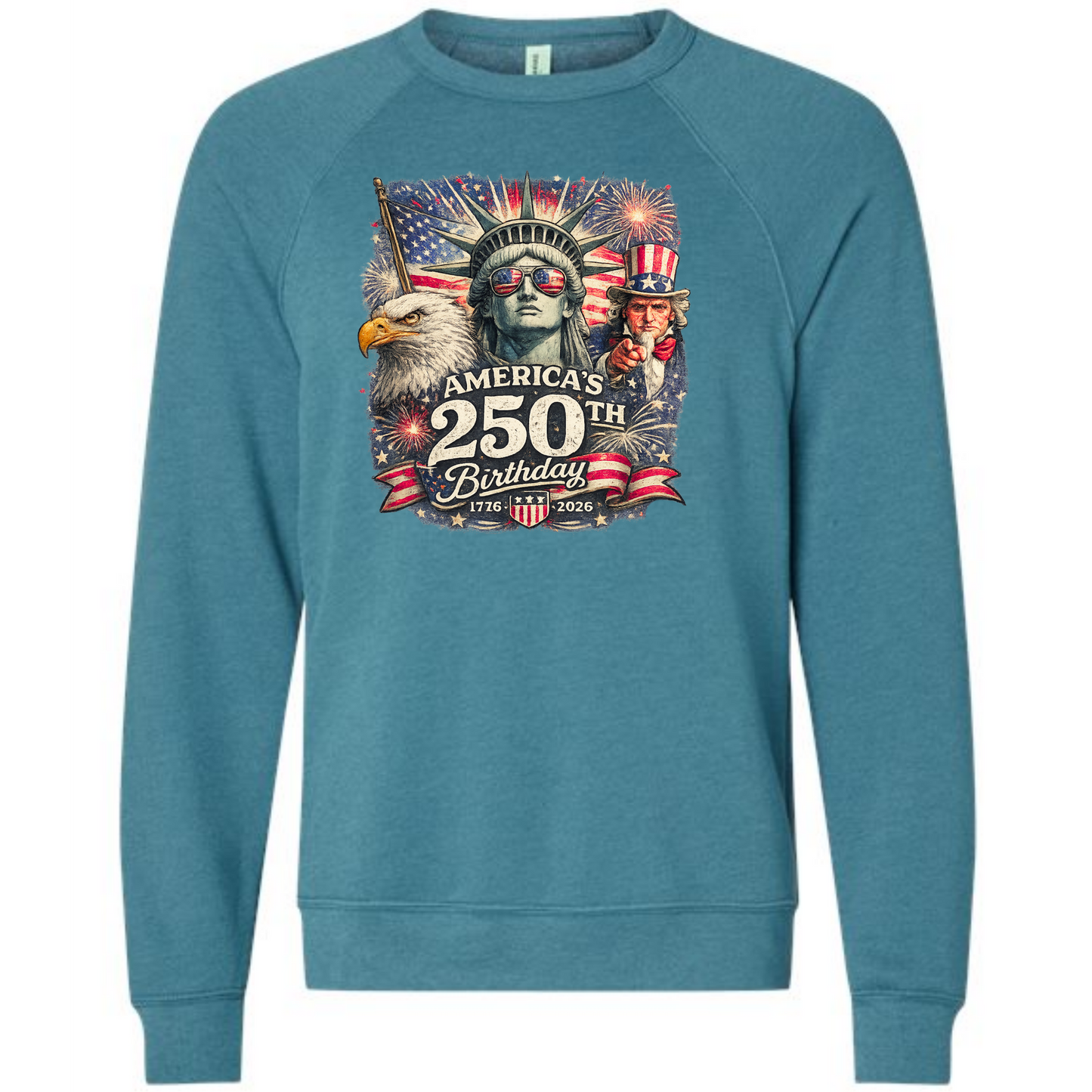 America's 250th Birthday - Sponge Fleece Raglan Sweatshirt - Blues, Greens, Purple, and Black