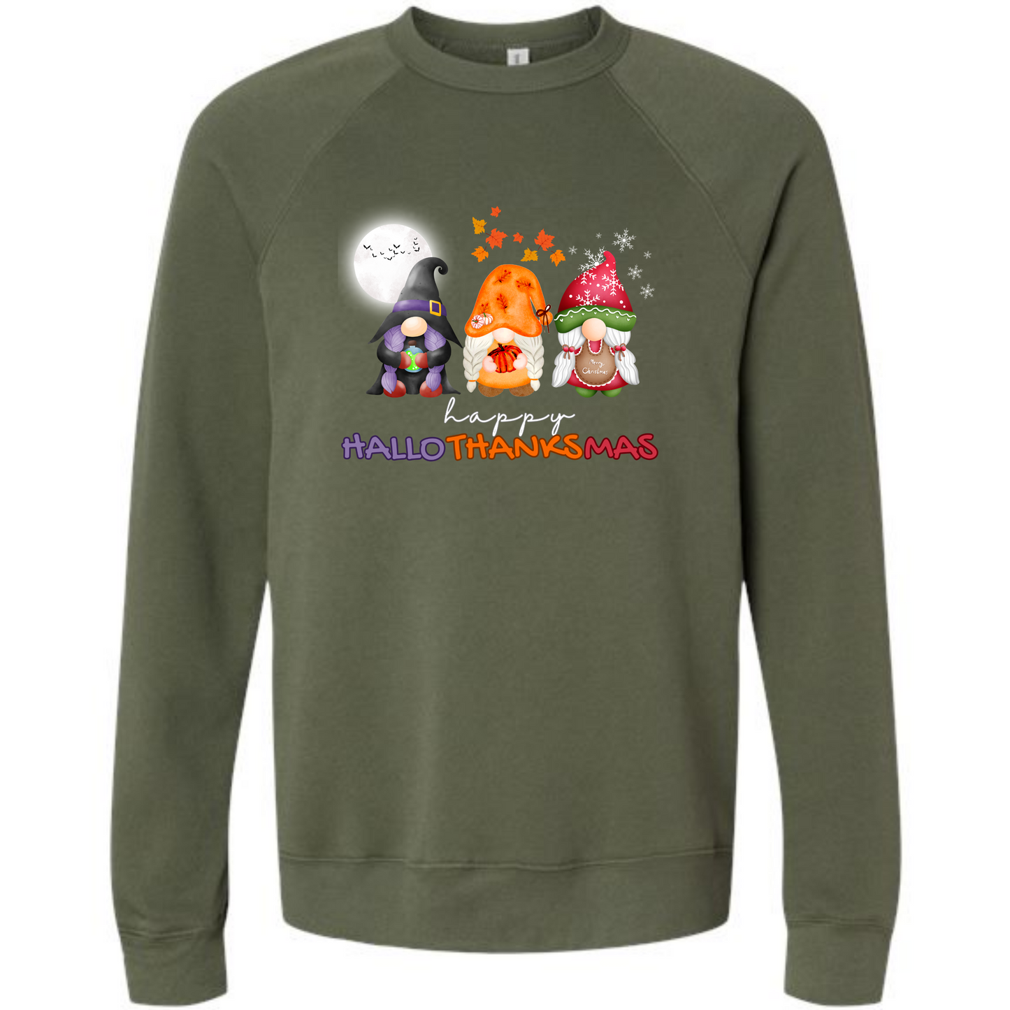 Happy Hallothanksmas Gnomes- Sponge Fleece Raglan Sweatshirt - Greens, Neutrals
