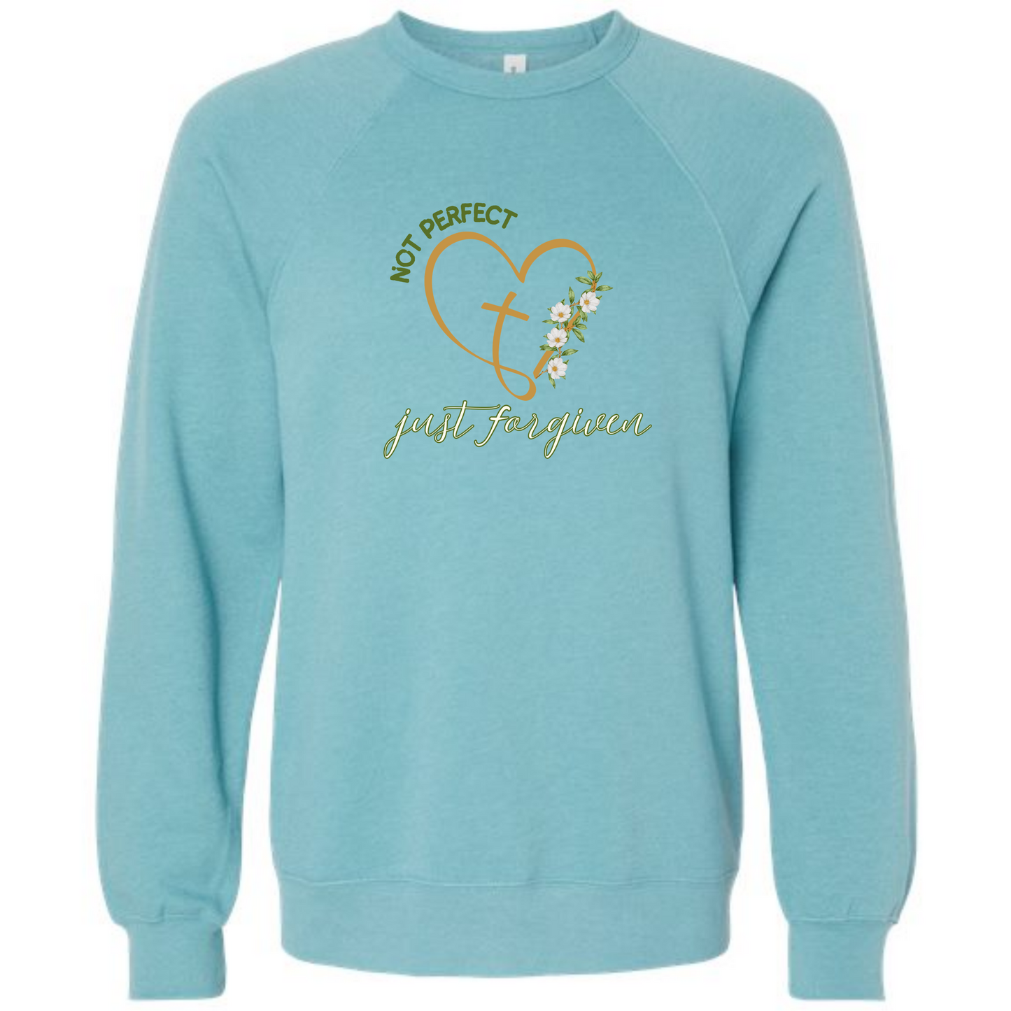 Not Perfect Just Forgiven - Sponge Fleece Raglan Sweatshirt - Blues, Greens, Purple, and Black