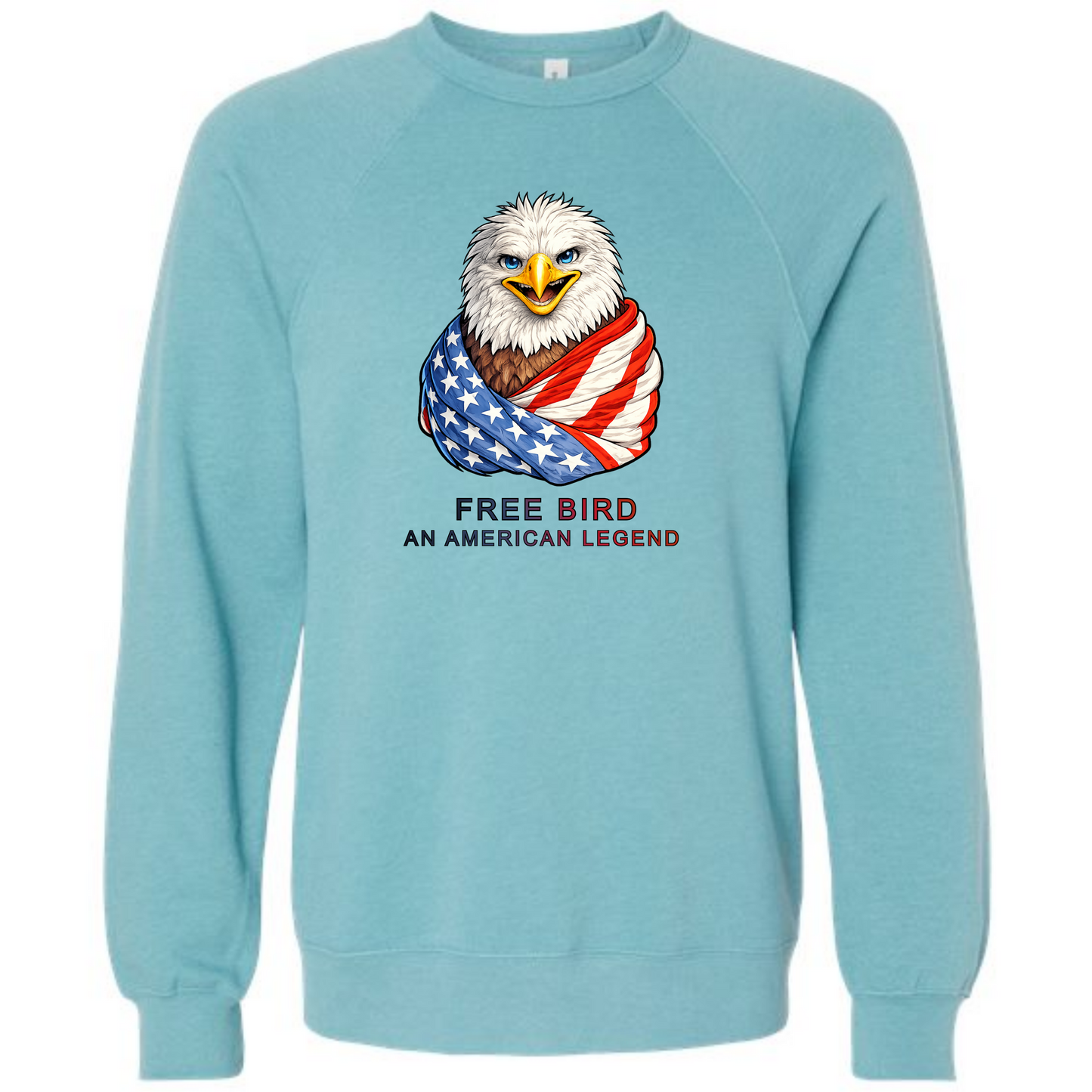 Free Bird An American Legend - Sponge Fleece Raglan Sweatshirt - Blues, Greens, Purple, and Black