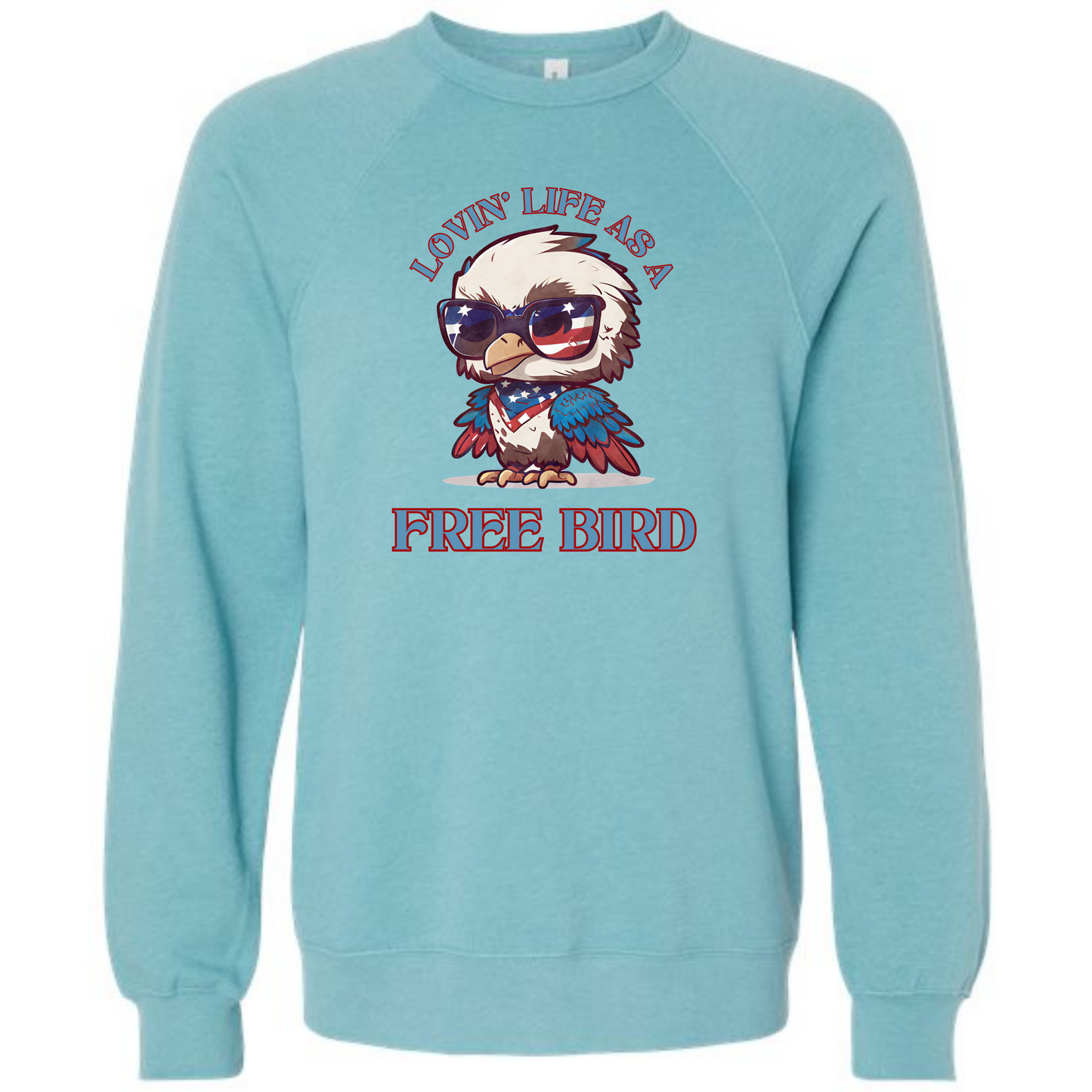 Lovin' Life as a Free Bird - Sponge Fleece Raglan Sweatshirt - Blues, Greens, Purple, and Black