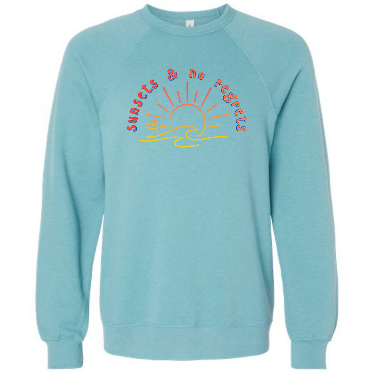 Sunsets & No Regrets - Sponge Fleece Raglan Sweatshirt - Blues, Greens, Purple, and Black