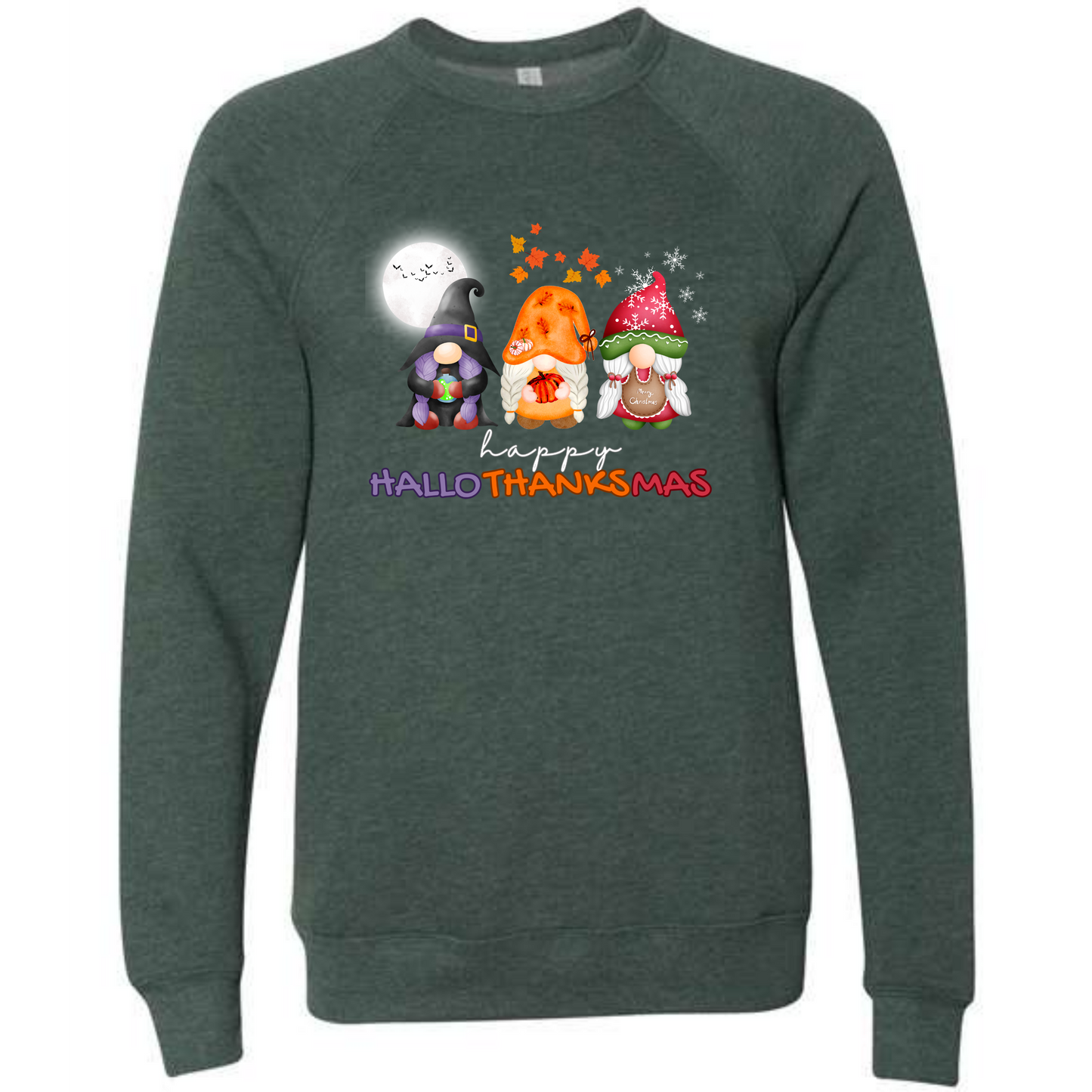 Happy Hallothanksmas Gnomes- Sponge Fleece Raglan Sweatshirt - Greens, Neutrals