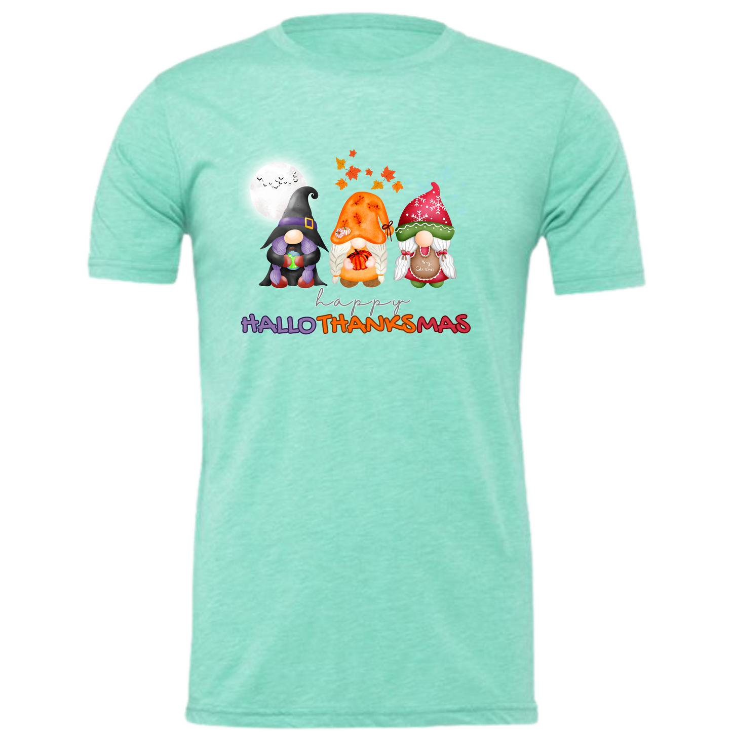 Happy HalloThanksMas Gnomes - Unisex Tee - Browns and Greens