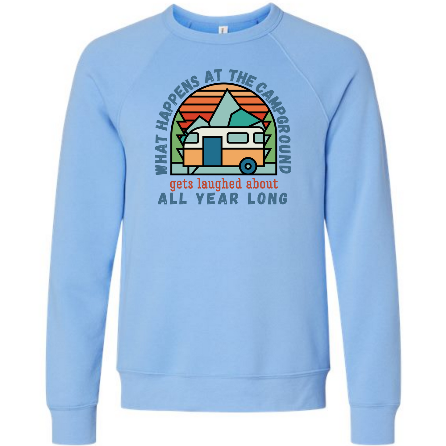 What Happens At The Campground - Sponge Fleece Raglan Sweatshirt - Blues, Greens, Purple, and Black