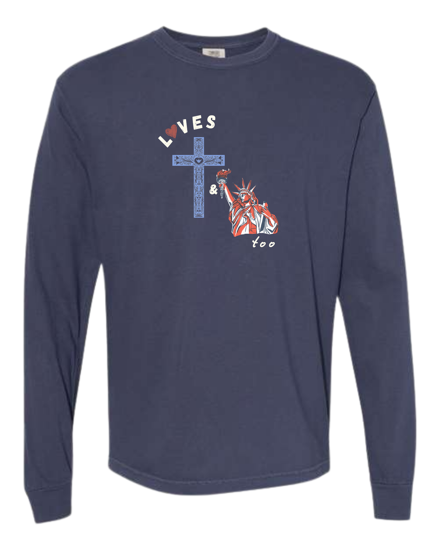 Loves Jesus & America too - Comfort Colors - Heavyweight Long Sleeve Tee - Blues & Greens