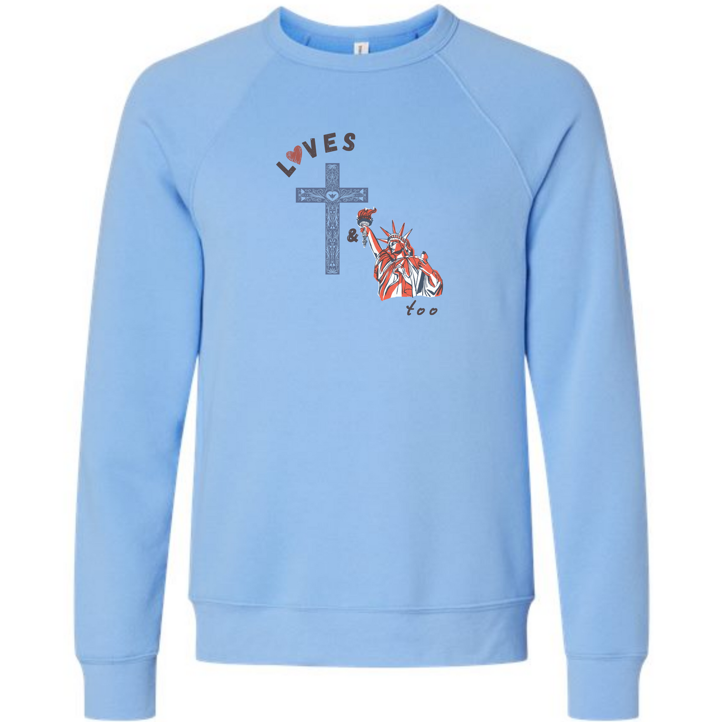 Loves Jesus & America too - Sponge Fleece Raglan Sweatshirt - Blues, Greens, Purple, and Black