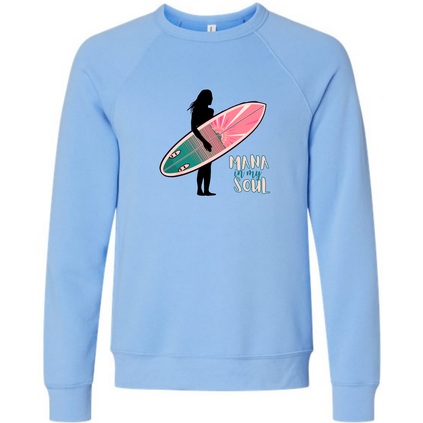 Mana in My Soul - Sponge Fleece Raglan Sweatshirt - Blues, Greens, Purple, and Black